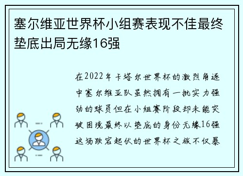 塞尔维亚世界杯小组赛表现不佳最终垫底出局无缘16强 塞尔维亚世界杯小组赛表现不佳最终垫底出局无缘16强