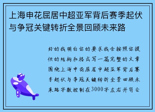 上海申花屈居中超亚军背后赛季起伏与争冠关键转折全景回顾未来路