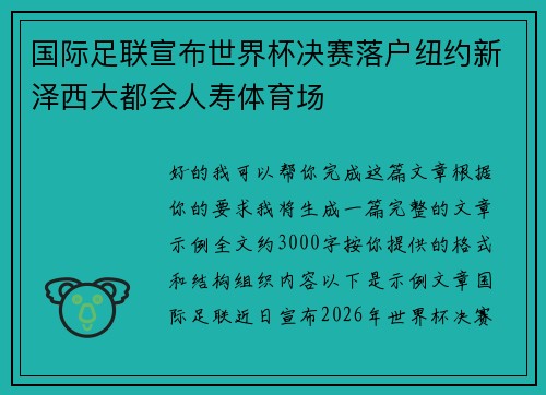 国际足联宣布世界杯决赛落户纽约新泽西大都会人寿体育场